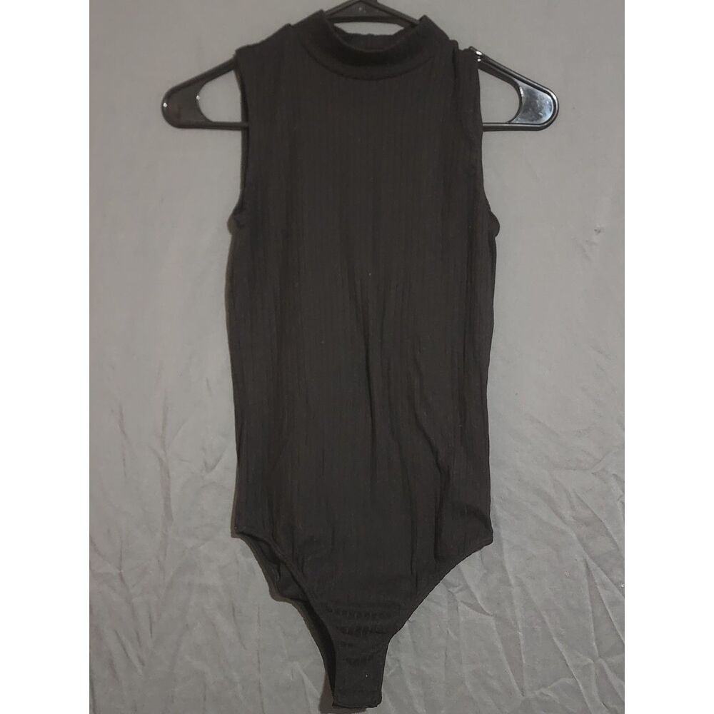 Eye Candy Black Ribbed Mock Neck Sleeveless Thong Bodysuit Size M